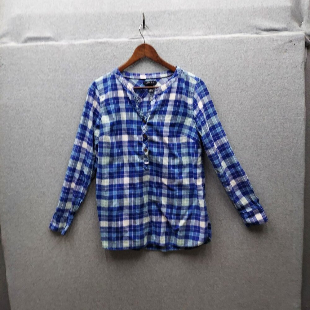 Lands End Womens Plaid Cotton Shirt With Button Cuffs Size 10